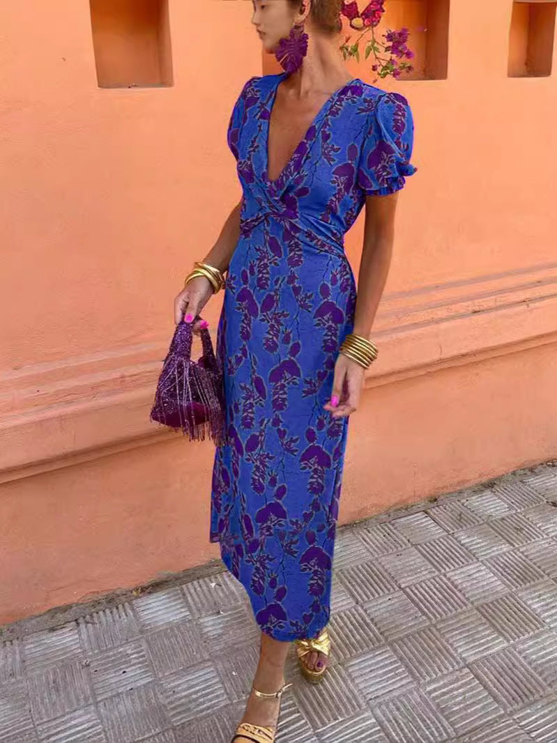 Summer V-neck Short-sleeved Dress Fashion Flowers Printed Slim Beach Dresses For Women Clothing.