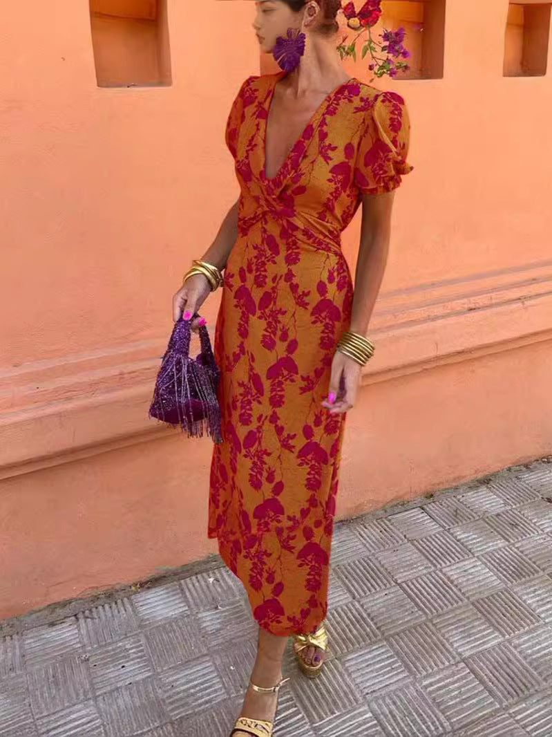Summer V-neck Short-sleeved Dress Fashion Flowers Printed Slim Beach Dresses For Women Clothing.