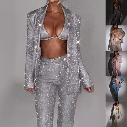 3pcs Shiny Long-sleeved Suit With Bra Lapel Blazer And Straight-leg Trousers Fashion Party Jacket Set For Women Clothing.