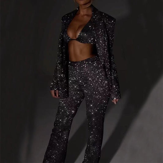3pcs Shiny Long-sleeved Suit With Bra Lapel Blazer And Straight-leg Trousers Fashion Party Jacket Set For Women Clothing.