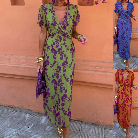 Summer V-neck Short-sleeved Dress Fashion Flowers Printed Slim Beach Dresses For Women Clothing.