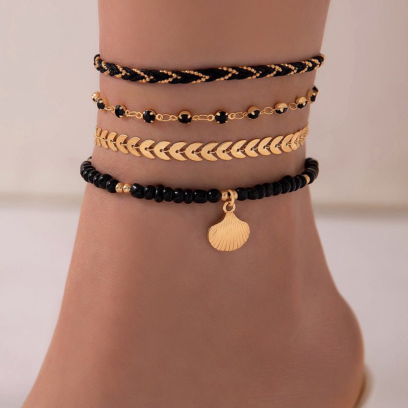 4pcs Set Bohemian Woven Rope Foot Chain For Men And Women Geometric Alloy Black Beads Dropping Oil Anklet Set Summer Fashion Jewelry.