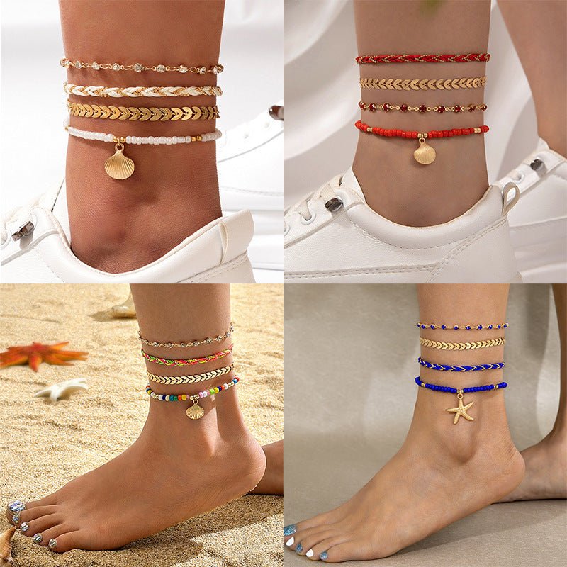 4pcs Set Bohemian Woven Rope Foot Chain For Men And Women Geometric Alloy Black Beads Dropping Oil Anklet Set Summer Fashion Jewelry.