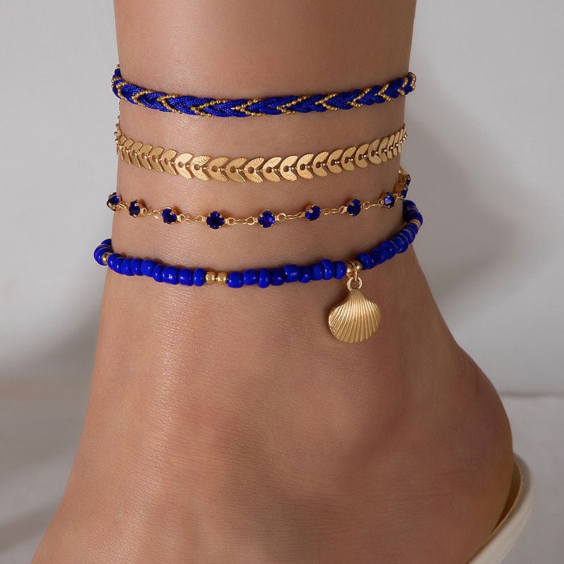 4pcs Set Bohemian Woven Rope Foot Chain For Men And Women Geometric Alloy Black Beads Dropping Oil Anklet Set Summer Fashion Jewelry.