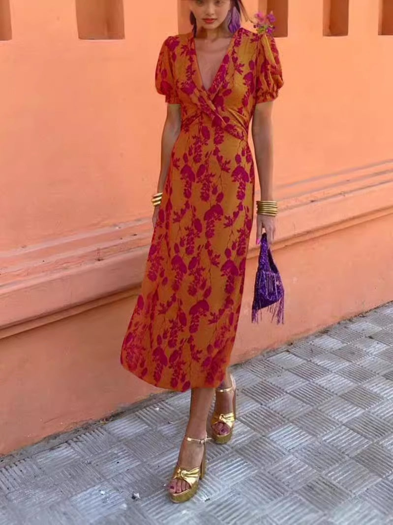 Summer V-neck Short-sleeved Dress Fashion Flowers Printed Slim Beach Dresses For Women Clothing.