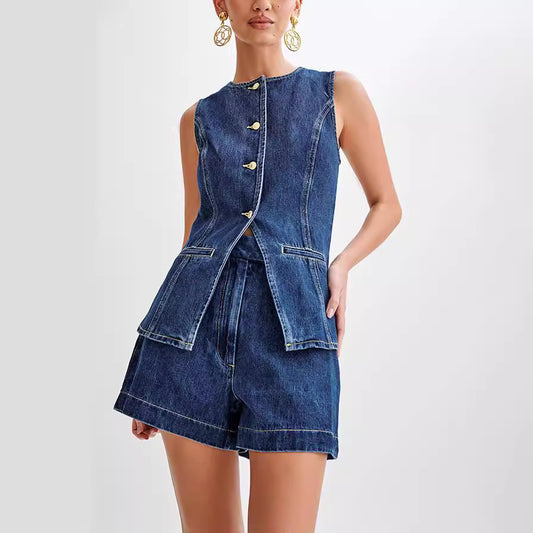Denim Fashion Casual Sleeveless Women's Suit.