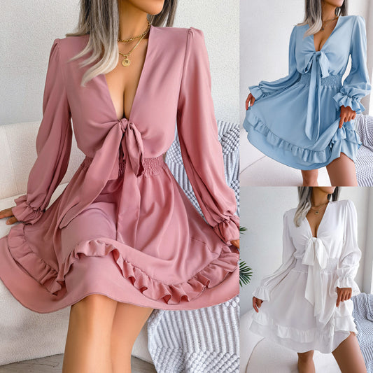 Summer Dresses Solid Color V-neck Long Sleeve Dress For Women Sexy V-neck Lace Up A-line Dress Women's Beach Dress.