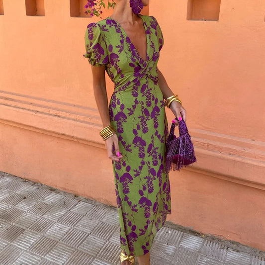 Summer V-neck Short-sleeved Dress Fashion Flowers Printed Slim Beach Dresses For Women Clothing.