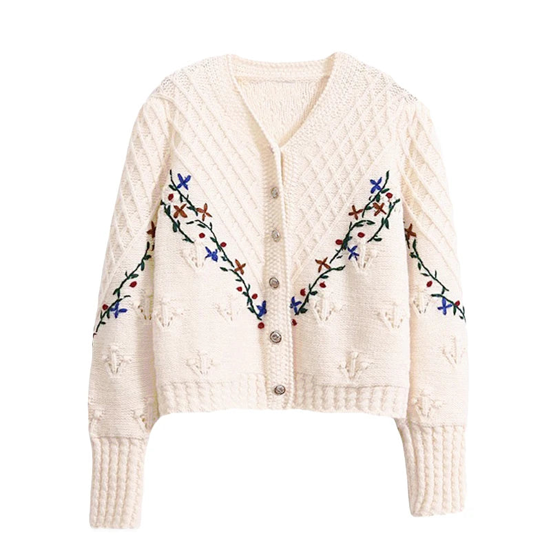 Cardigan Femme Brodé Fleurs – Tricot Vintage Col V Style Coréen Automne Hiver 2025.