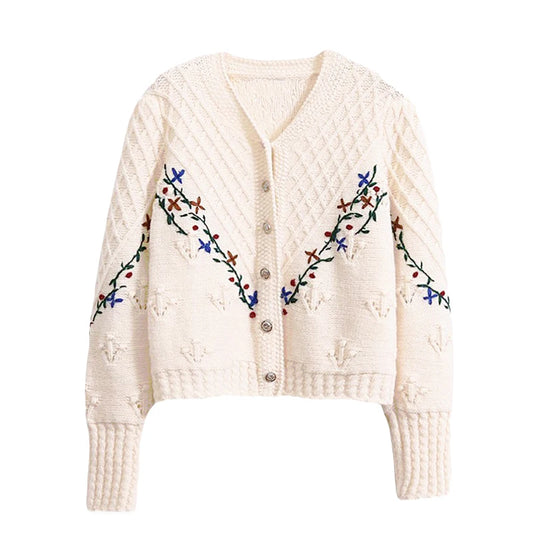 Cardigan Femme Brodé Fleurs – Tricot Vintage Col V Style Coréen Automne Hiver 2025.
