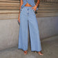 Denim Vest Suits Fashion Sleeveless Button Tops And Wide Leg Straight Pants With Pockets Women's Trousers Set.
