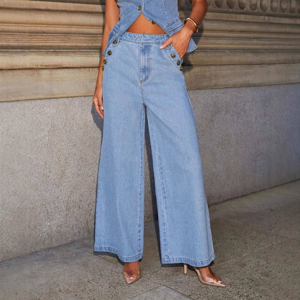 Denim Vest Suits Fashion Sleeveless Button Tops And Wide Leg Straight Pants With Pockets Women's Trousers Set.