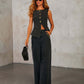 Denim Vest Suits Fashion Sleeveless Button Tops And Wide Leg Straight Pants With Pockets Women's Trousers Set.