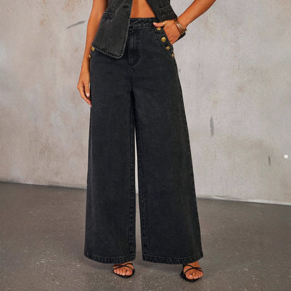 Denim Vest Suits Fashion Sleeveless Button Tops And Wide Leg Straight Pants With Pockets Women's Trousers Set.