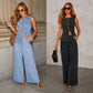 Denim Vest Suits Fashion Sleeveless Button Tops And Wide Leg Straight Pants With Pockets Women's Trousers Set.