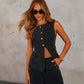 Denim Vest Suits Fashion Sleeveless Button Tops And Wide Leg Straight Pants With Pockets Women's Trousers Set.
