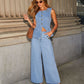 Denim Vest Suits Fashion Sleeveless Button Tops And Wide Leg Straight Pants With Pockets Women's Trousers Set.