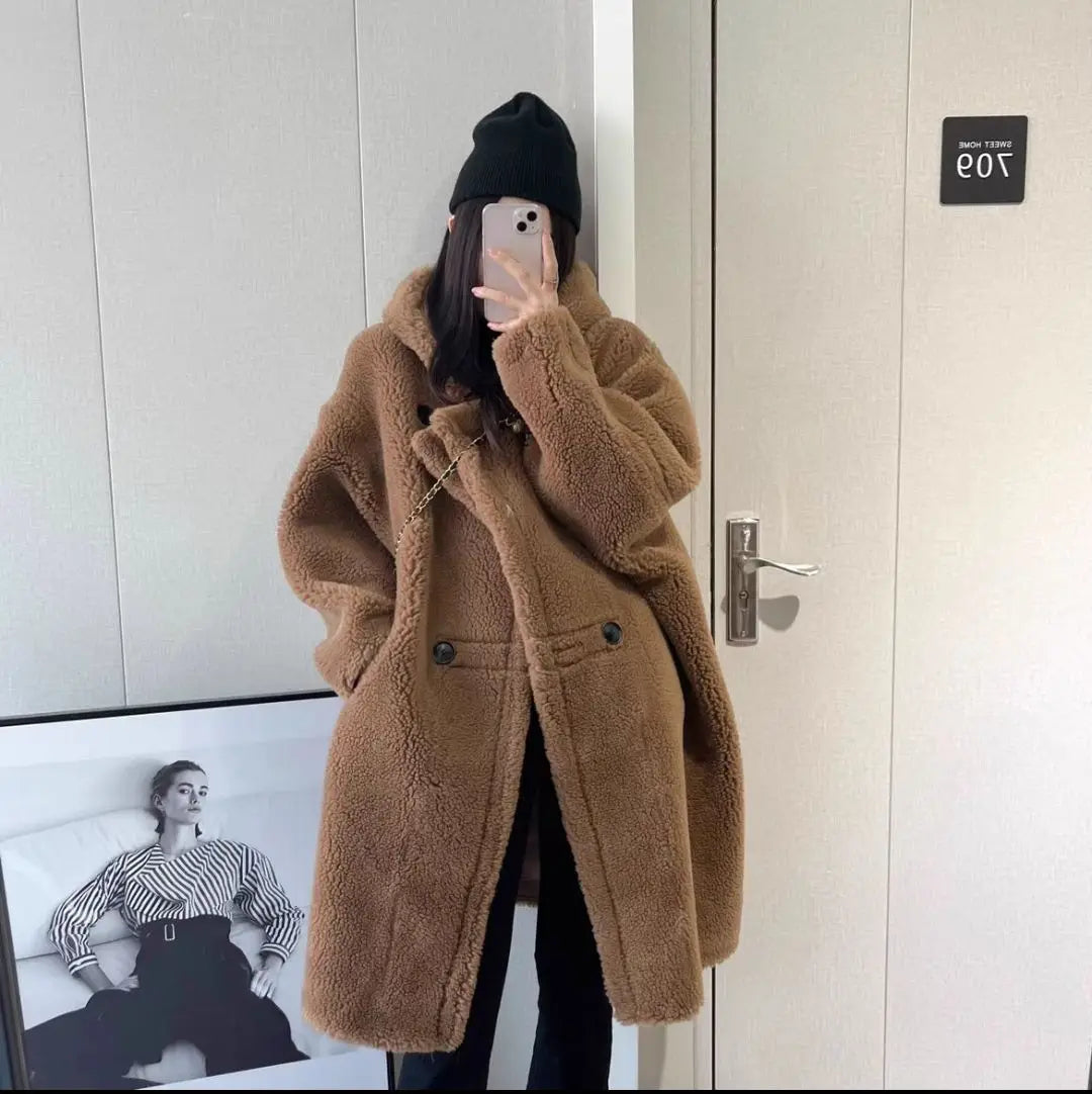 Manteau Femme Hiver 2024 – Veste Cocoon à Capuche en Laine d’Agneau Épaisse, Parka Chaude Shearling.