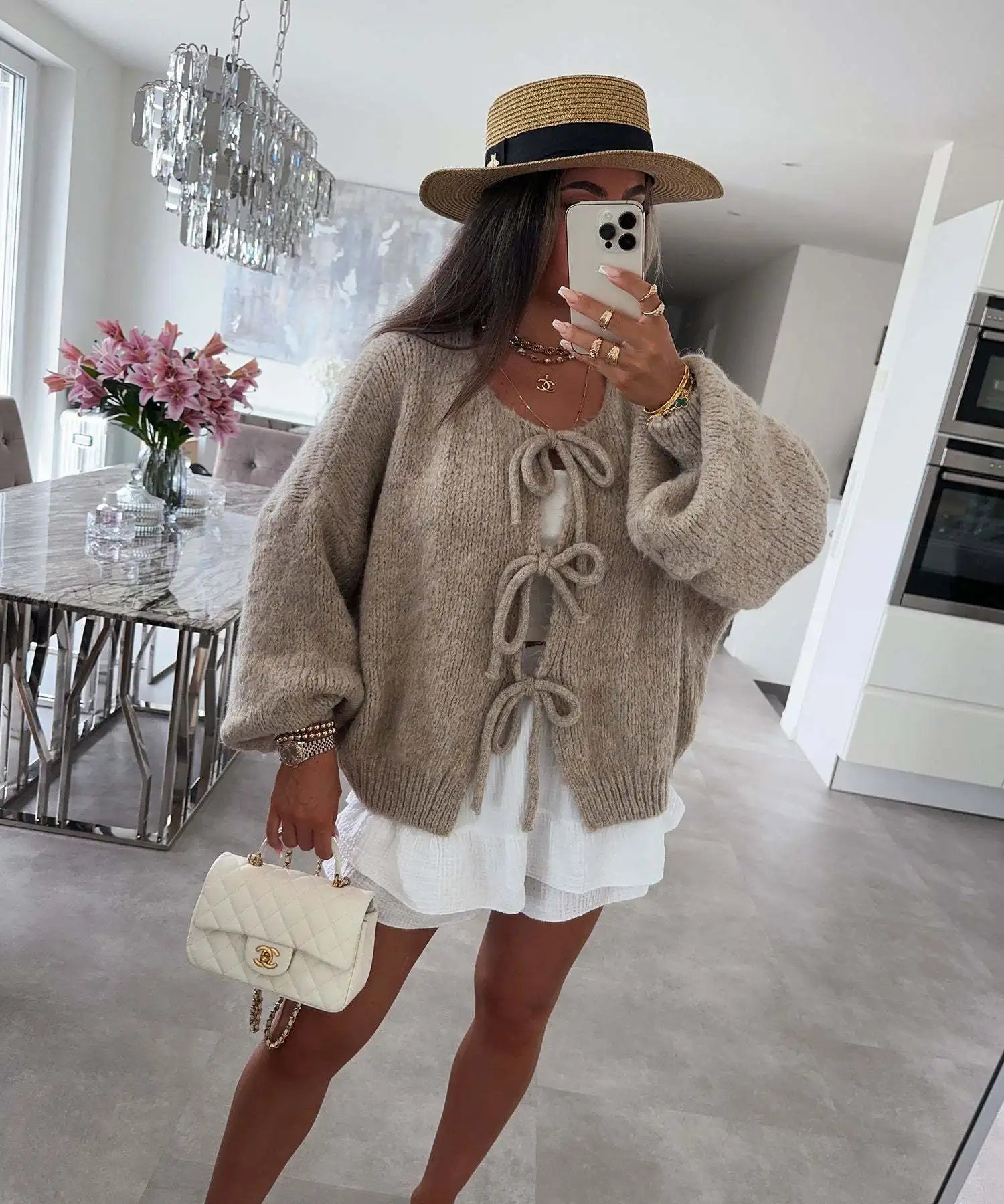 Cardigan Femme Élégant – Tricot Uni avec Lacet, Col Rond, Style Simple Chic |.