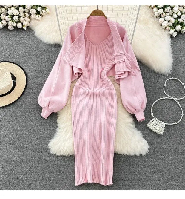 Ensemble Femme 2 Pièces – Cardigan Tricoté à Lacets & Robe Camisole, Style Chinois Moderne Élégant |.
