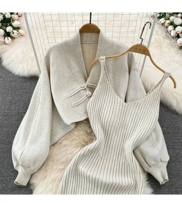 Ensemble Femme 2 Pièces – Cardigan Tricoté à Lacets & Robe Camisole, Style Chinois Moderne Élégant |