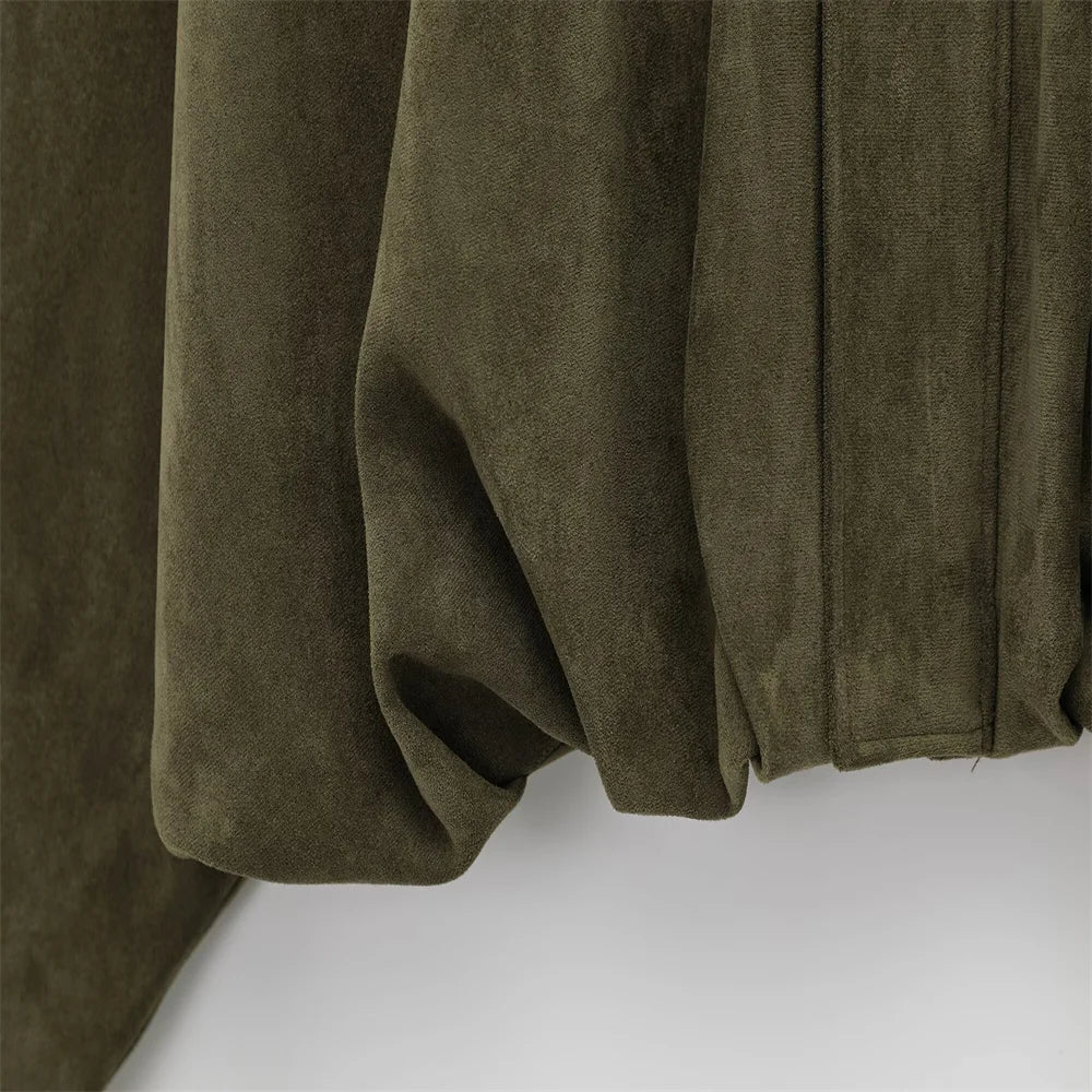 Veste Femme Suédine Synthétique PB&ZA 2025 – Coupe Ample Vert Olive