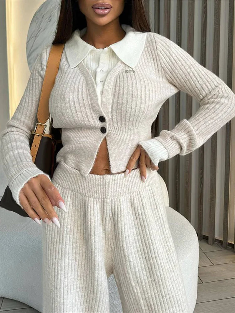 Ensemble Femme 2 Pièces – Haut Tricot Boutonné à Col Revers & Pantalon Loose, Style Décontracté Chic Automne | F-laglam.