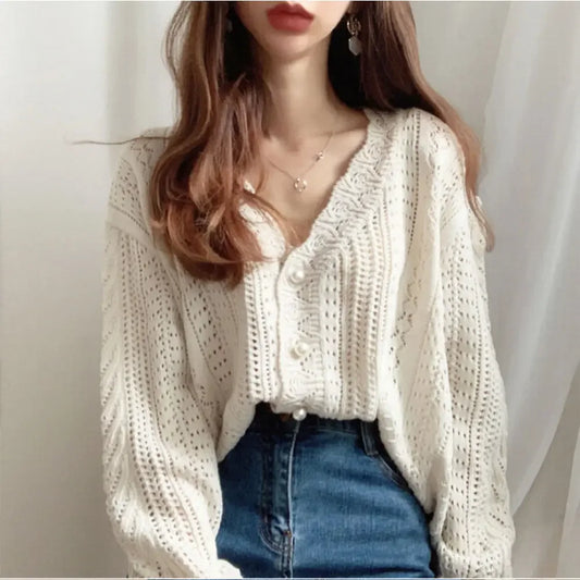 Cardigan Femme Blanc Sexy – Tricot Loose Col V Profond à Manches Longues, Maille Ajurée Été.