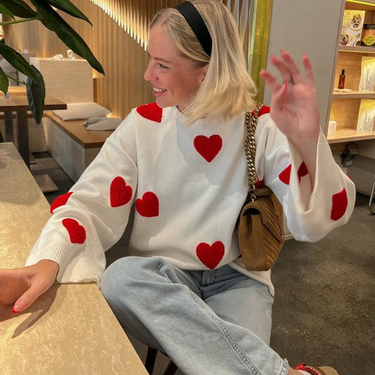 Pull Femme Sweet Heart – Tricot Vintage Loose à Col Rond, Manches Longues.