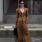 Ensemble Femme Rayé Marron – Veste Col V Cintrée & Pantalon Large, Tenue Bureau Chic 2025.