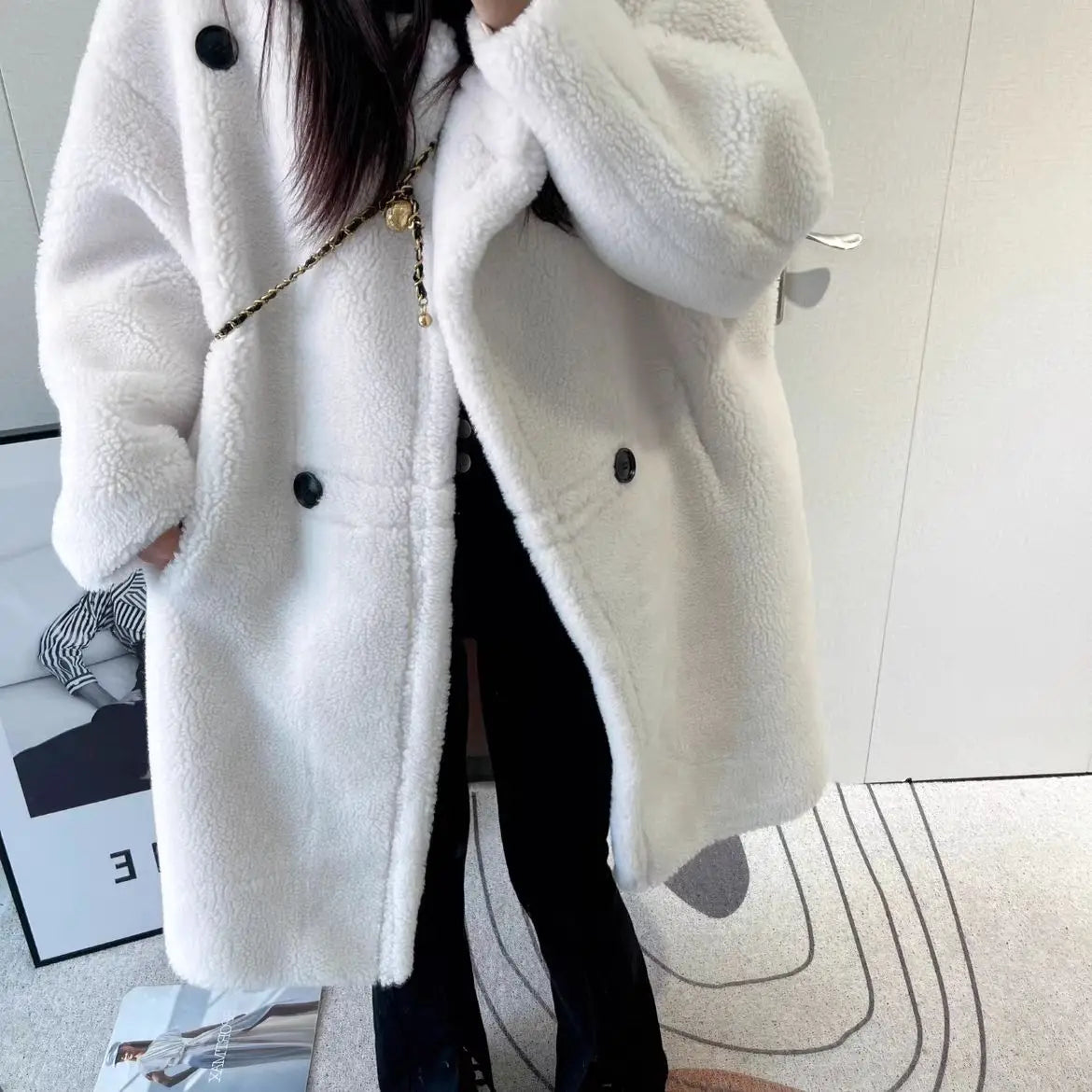Manteau Femme Hiver 2024 – Veste Cocoon à Capuche en Laine d’Agneau Épaisse, Parka Chaude Shearling