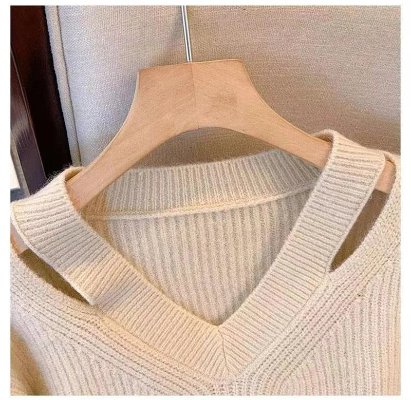 Pull Femme Loose Col V – Tricot Doux Uni Style Basique Automne.