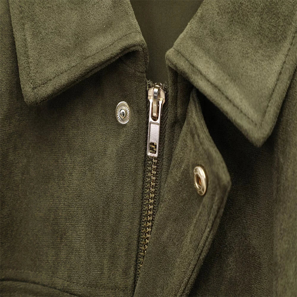 Veste Femme Suédine Synthétique PB&ZA 2025 – Coupe Ample Vert Olive