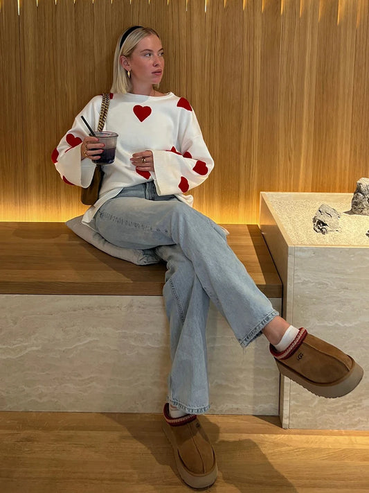 Pull Femme Sweet Heart – Tricot Vintage Loose à Col Rond, Manches Longues.