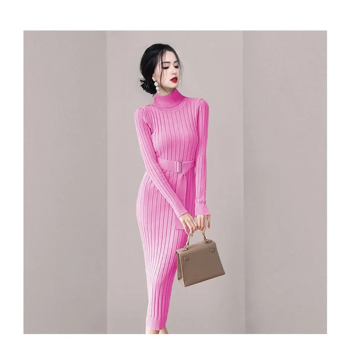 Robe Pull Longue Femme – Tricot Élastique Ajusté Style Coréen Élégant Automne Hiver.