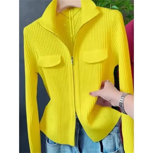 Cardigan Court Femme à Fermeture Zippée – Tricot Uni Col Revers Style Coréen Printemps Automne 2025.