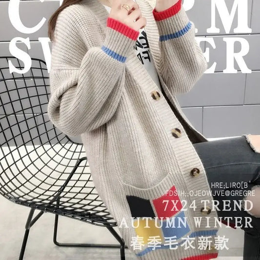 Cardigan Femme Mi-long – Manteau Tricoté Loose Style Coréen Printemps Automne.