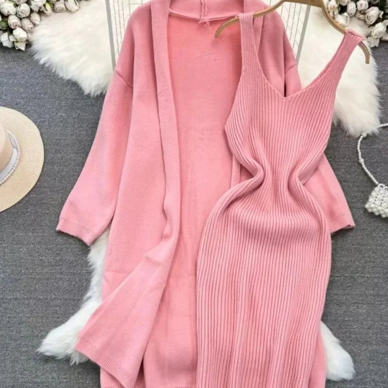 Ensemble robe pull et veste longue femme – style français printemps/automne 2024