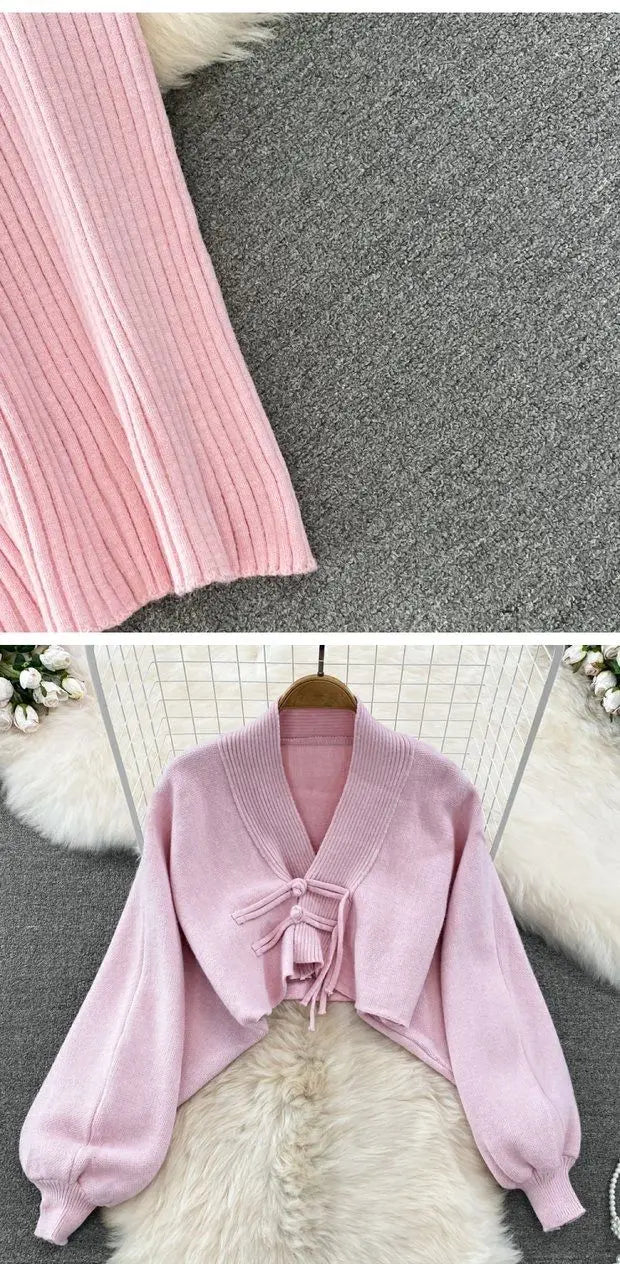 Ensemble Femme 2 Pièces – Cardigan Tricoté à Lacets & Robe Camisole, Style Chinois Moderne Élégant |