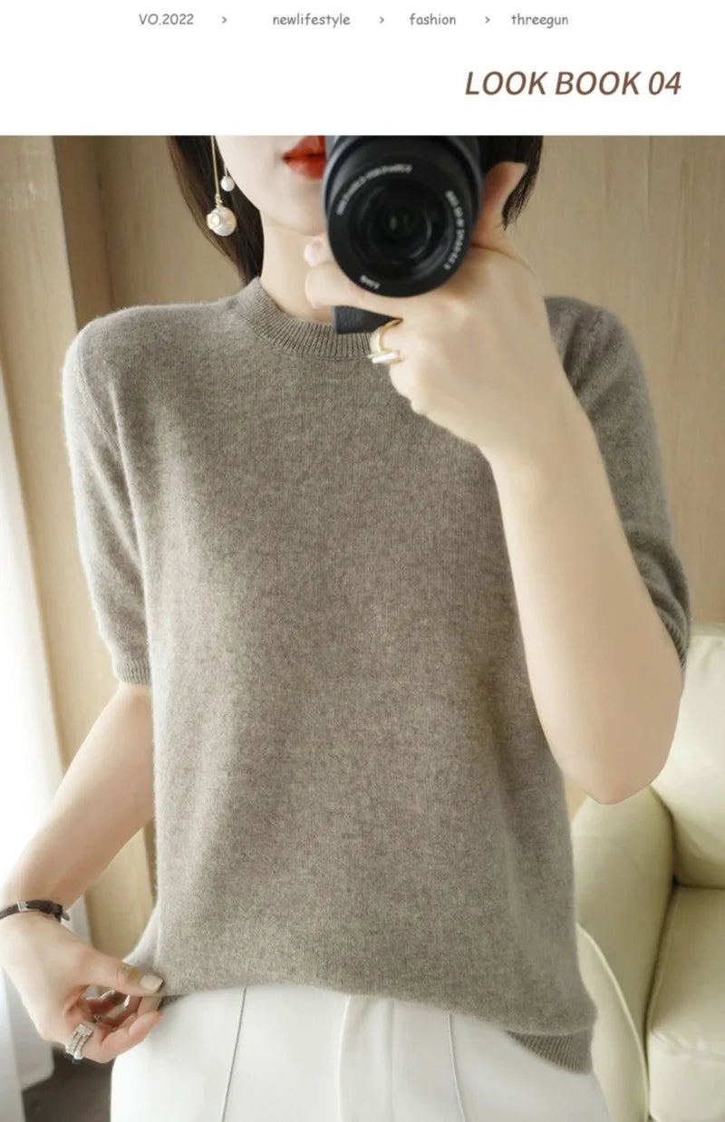Pull Femme Slim à Manches Courtes – Tricot Col Rond Léger Printemps Été 2025 |.