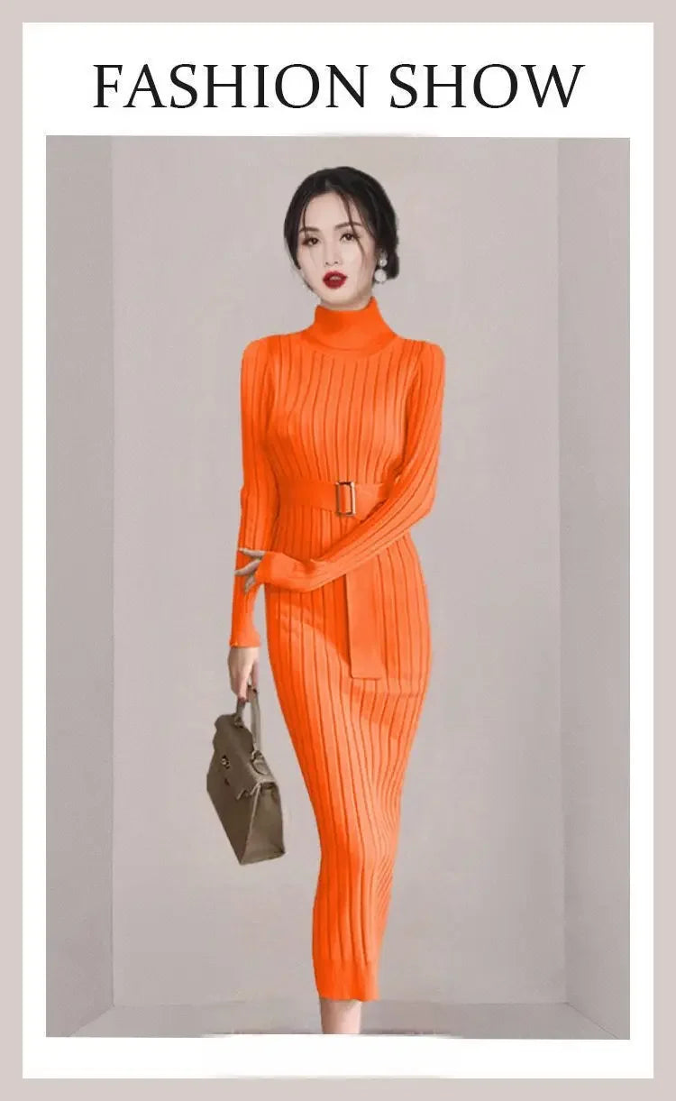 Robe Pull Longue Femme – Tricot Élastique Ajusté Style Coréen Élégant Automne Hiver.