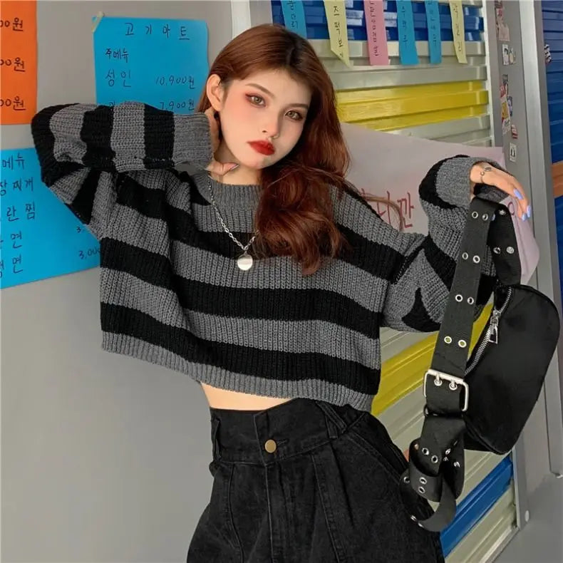 Pull Court Femme Rayé – Tricot Loose O-neck Streetwear Automne Hiver.
