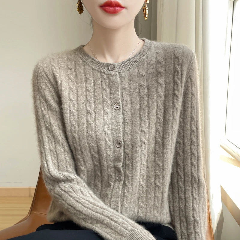 Cardigan Femme Blanc – Tricot Uni Col Rond Boutonné Manches Longues Automne Hiver 2025