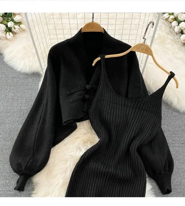 Ensemble Femme 2 Pièces – Cardigan Tricoté à Lacets & Robe Camisole, Style Chinois Moderne Élégant |