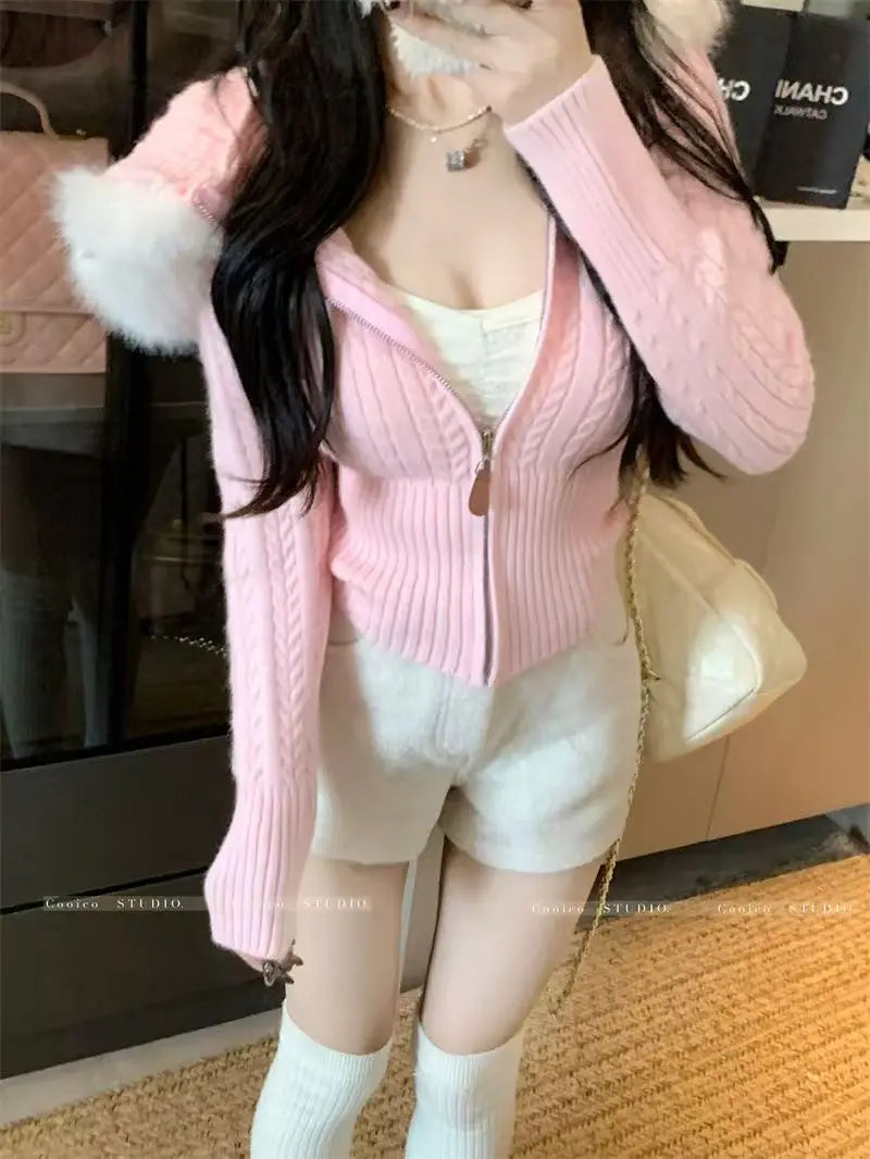 Cardigan Loose Femme avec Col en Fourrure Amovible – Pull Tricoté à Capuche Style Y2K Harajuku.
