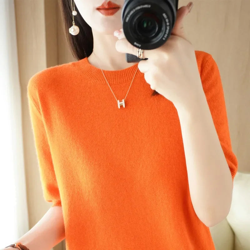 Pull Femme Slim à Manches Courtes – Tricot Col Rond Léger Printemps Été 2025 |