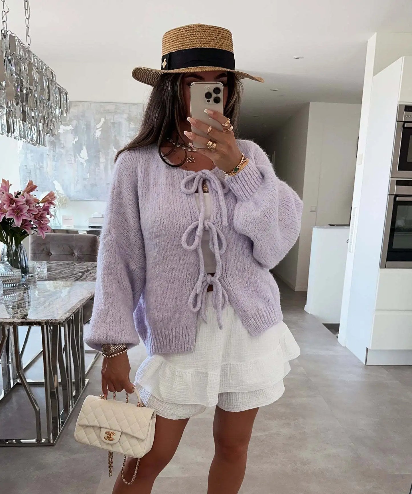 Cardigan Femme Élégant – Tricot Uni avec Lacet, Col Rond, Style Simple Chic |