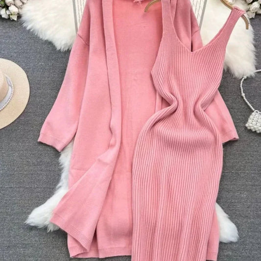 Ensemble robe pull et veste longue femme – style français printemps/automne 2024