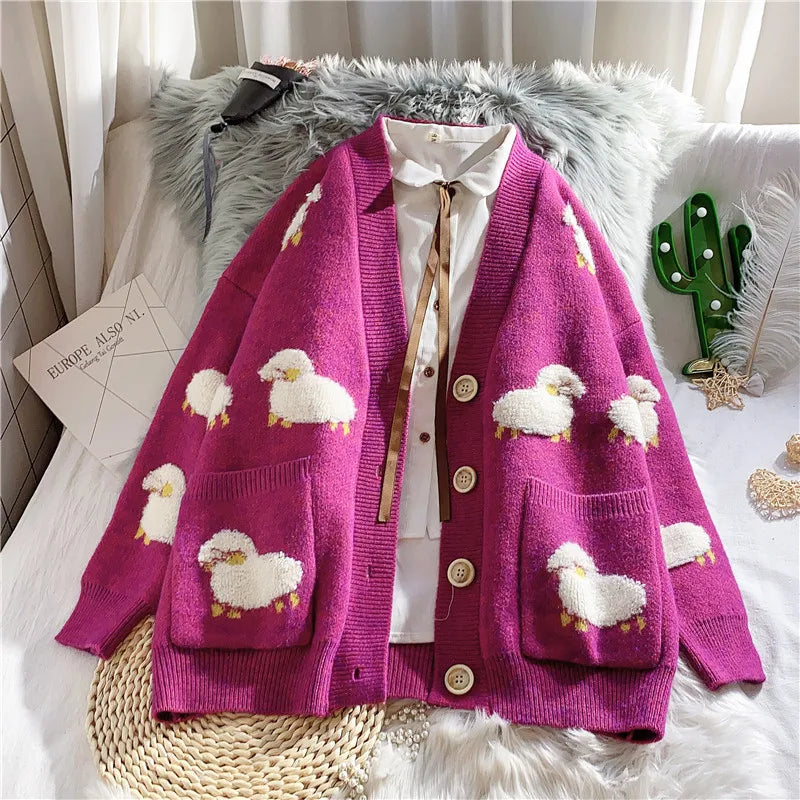 Cardigan Femme Loose – Tricot Cartoon avec Poches Mouton, Style Colorblock Automne Hiver