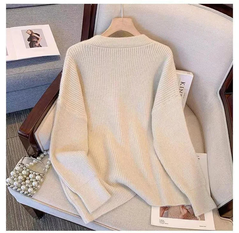 Pull Femme Loose Col V – Tricot Doux Uni Style Basique Automne.
